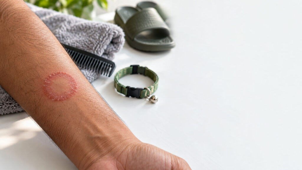 A close-up of a person's arm with a circular skin mark, a comb, towel, and green sandals nearby.