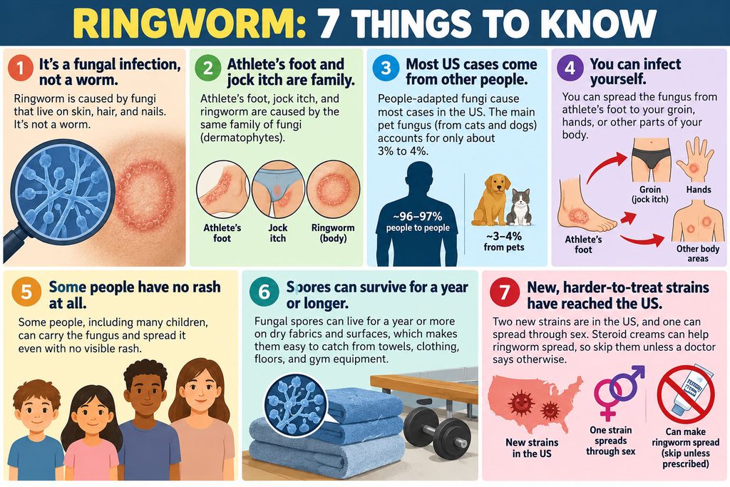 Infographic explaining ringworm, its causes, symptoms, and transmission with illustrations and statistics.