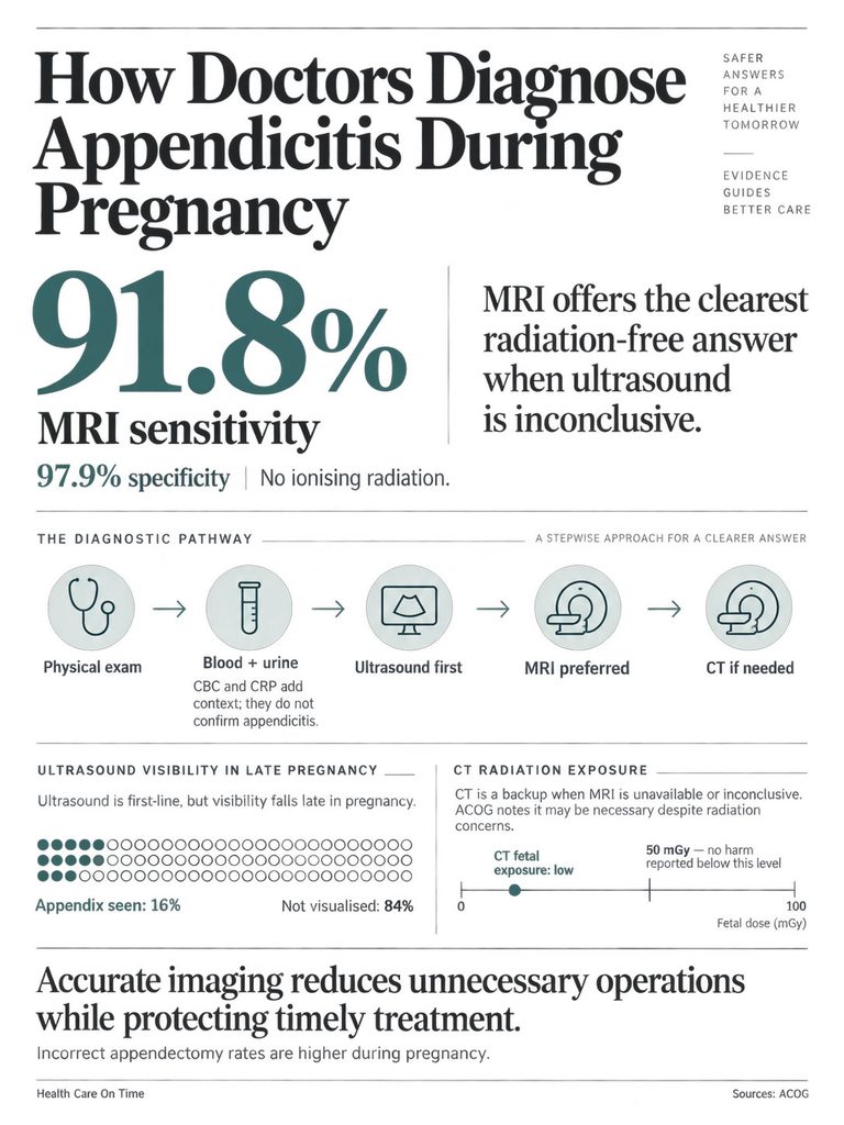 Infographic showing the diagnostic pathway for appendicitis during pregnancy with MRI sensitivity and ultrasound data.