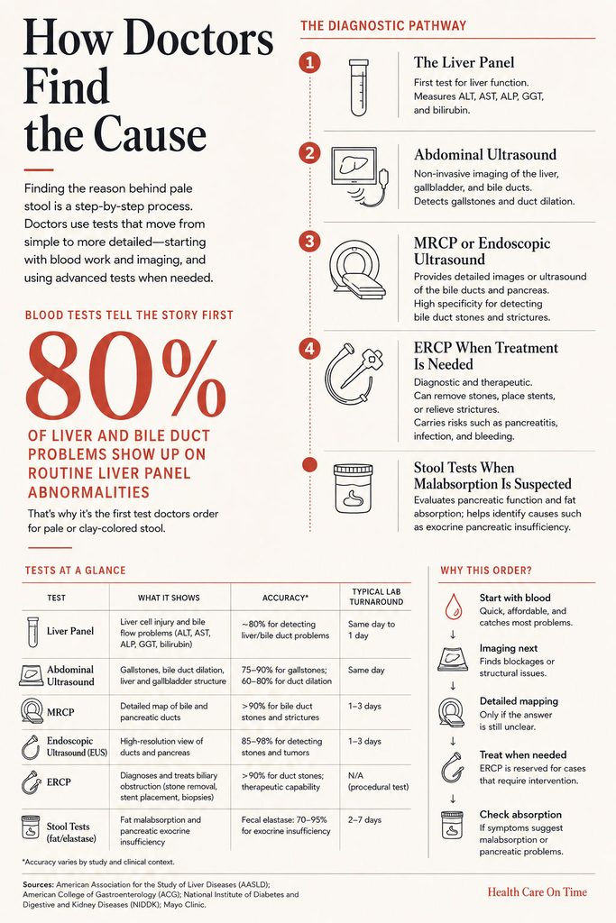 Infographic showing diagnostic pathway for pale stool causes, including tests like liver panel and ultrasound.