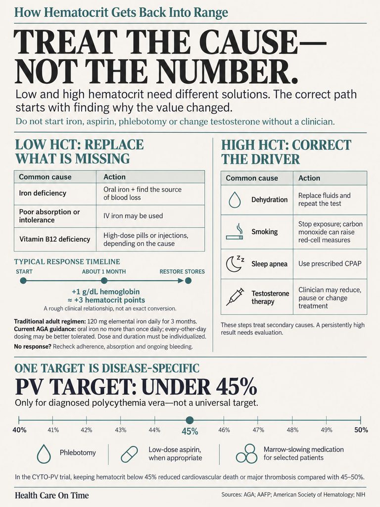Infographic explaining hematocrit management with causes and actions for low and high levels, including a timeline and target range.