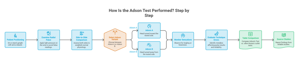 Step-by-step guide on performing the Adson test, including patient positioning and monitoring sensations. Infographic.