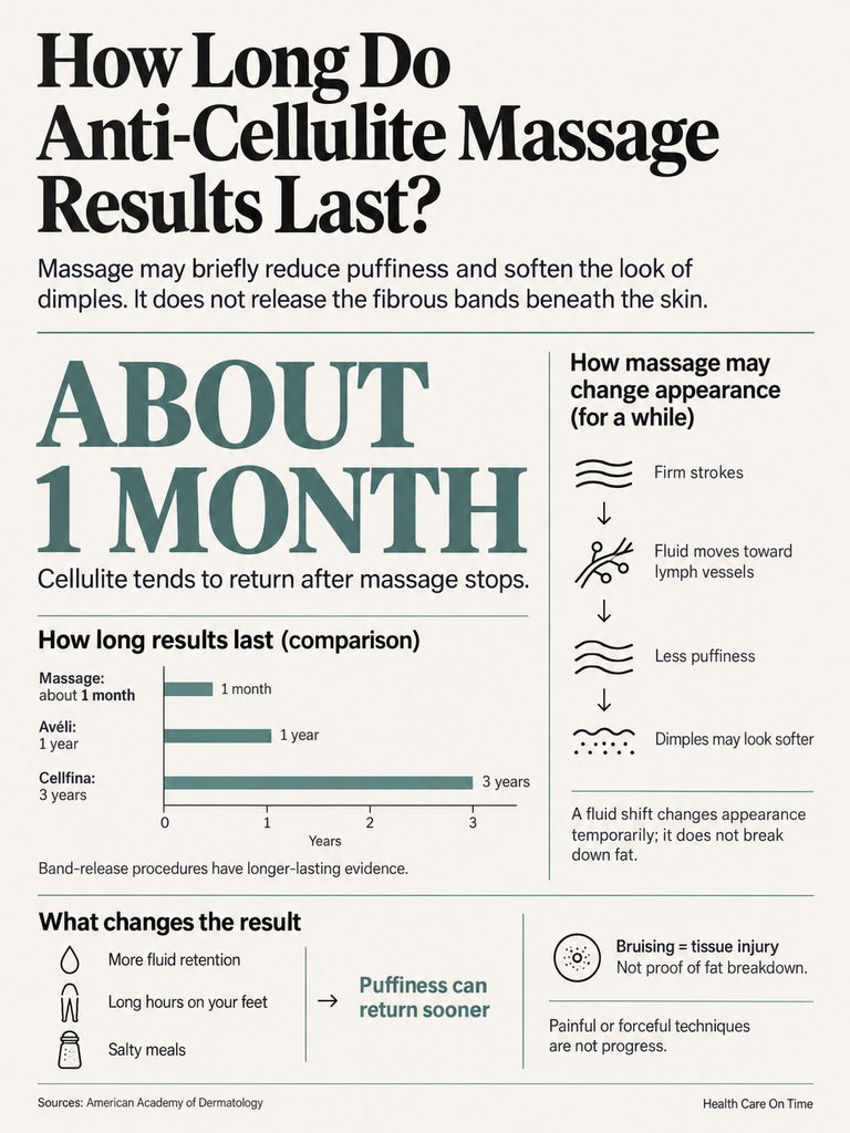 Infographic explaining anti-cellulite massage results duration and effects on appearance, with charts and icons.