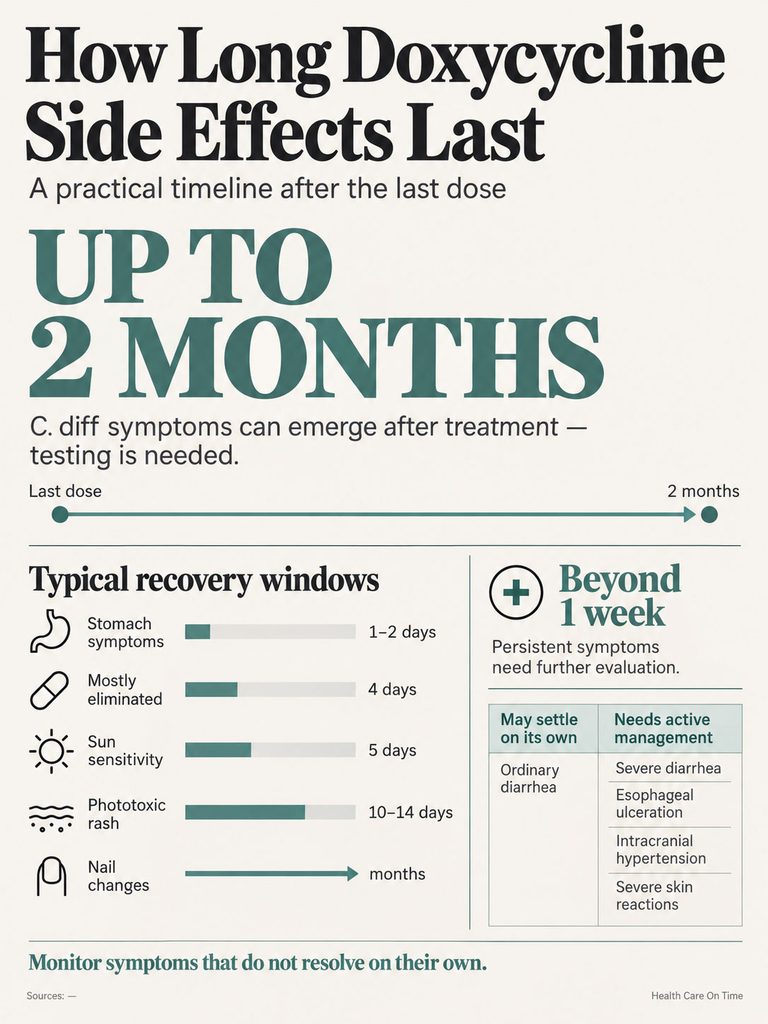 Infographic showing Doxycycline side effects timeline and recovery windows for symptoms like stomach issues and sun sensitivity.