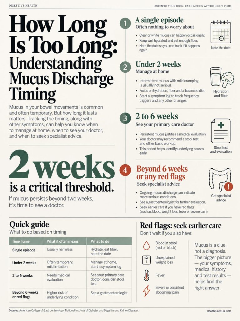 Infographic explaining mucus discharge timing and health advice with charts and icons on digestive health.