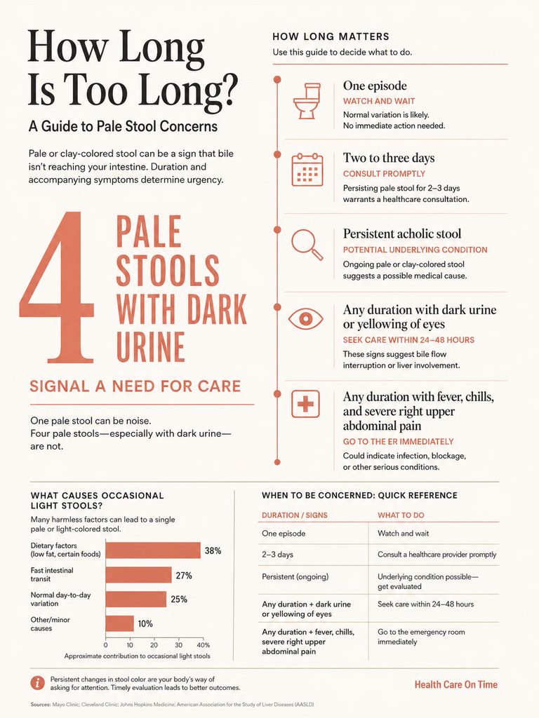 Infographic explaining pale stool concerns, featuring charts and guidelines for care based on symptoms and duration.