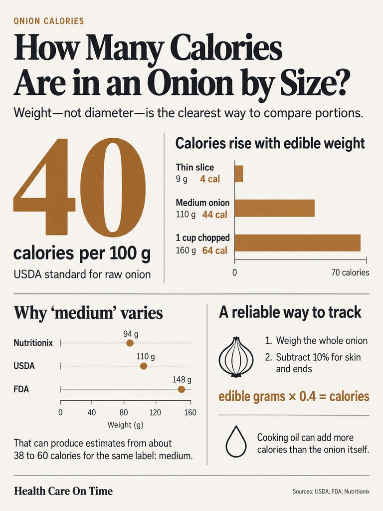 Infographic showing calorie content in onions by size, including data for thin slice, medium onion, and chopped onion.