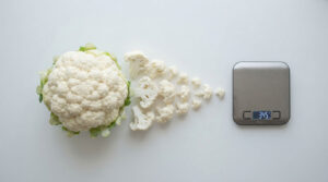 A whole cauliflower and its florets are arranged next to a digital kitchen scale showing 345 grams.