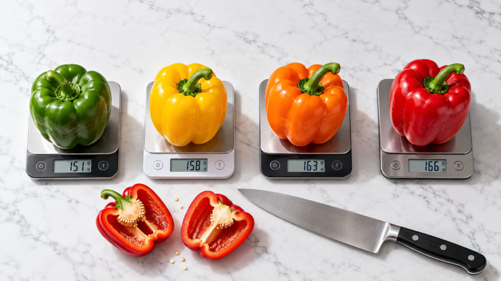Four bell peppers in green, yellow, orange, and red on digital scales, with a cut red pepper and knife nearby.