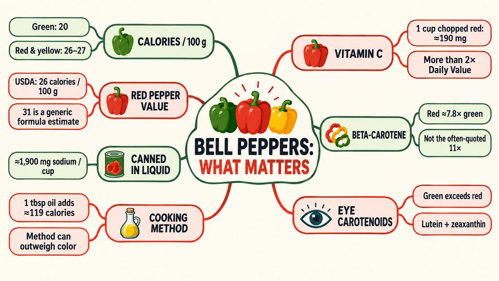 Infographic detailing bell pepper nutrition, including calories, vitamin C, and carotenoid values with illustrations.
