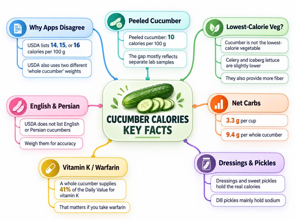 Infographic showing cucumber calorie facts, including nutrition data and comparisons with other vegetables.