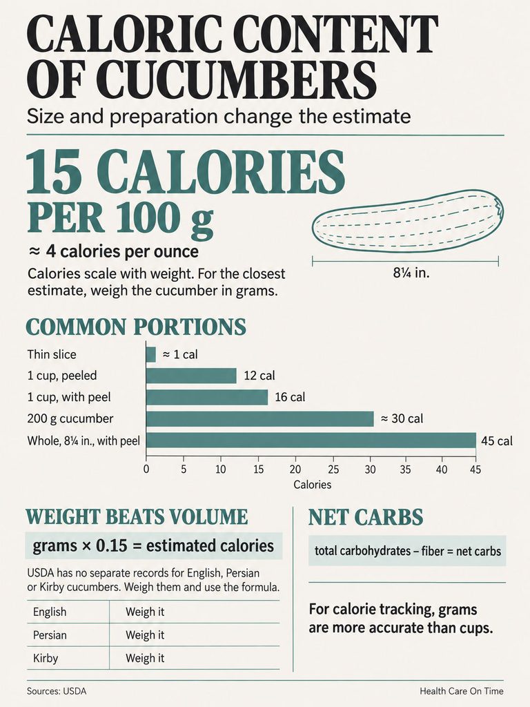 Infographic showing caloric content of cucumbers, including calorie estimates for various portions and sizes.