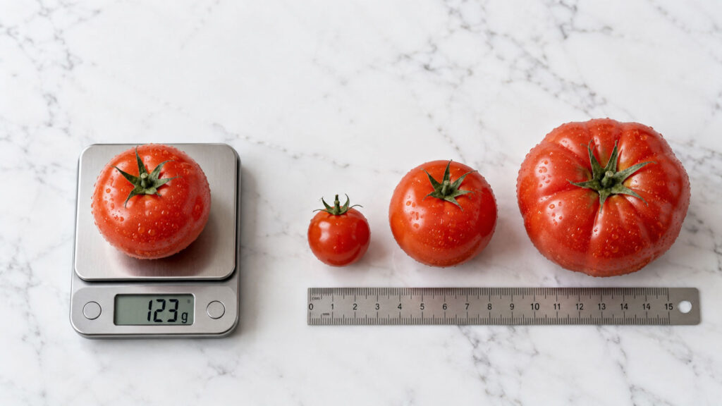 A red tomato on a scale shows 123g, with two additional tomatoes and a ruler on a marble surface.