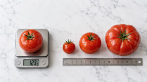 A red tomato on a scale shows 123g, with two additional tomatoes and a ruler on a marble surface.