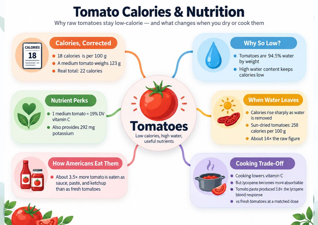 Infographic showing tomato calories and nutrition facts, including water content, nutrient perks, and cooking effects.