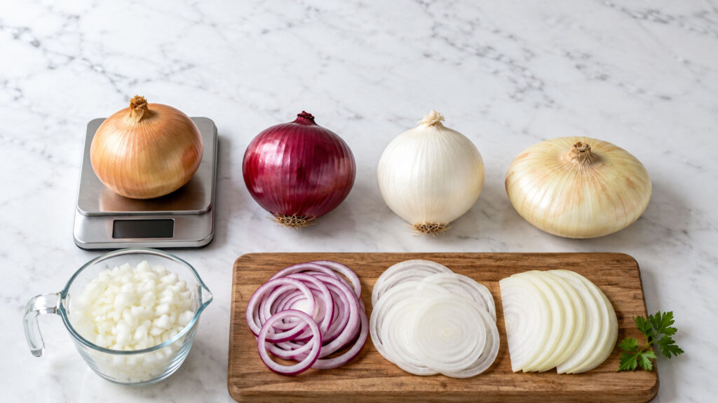 A variety of onions including yellow, red, and white, sliced and diced on a marble countertop.