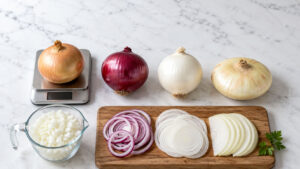A variety of onions including yellow, red, and white, sliced and diced on a marble countertop.