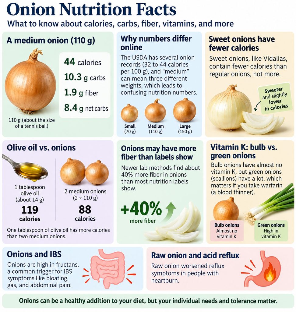 Infographic showing onion nutrition facts, including calories, carbs, fiber, and health benefits with visuals of onions and olive oil.