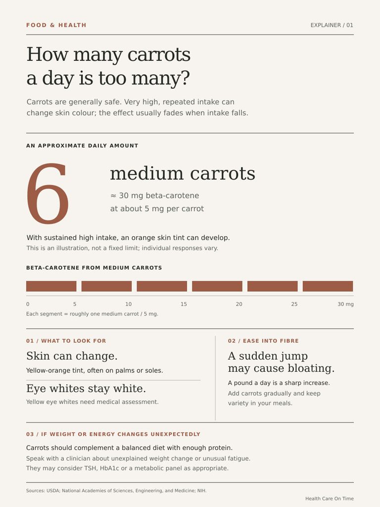 Infographic showing carrot intake guidelines, including daily amount and health effects of beta-carotene.