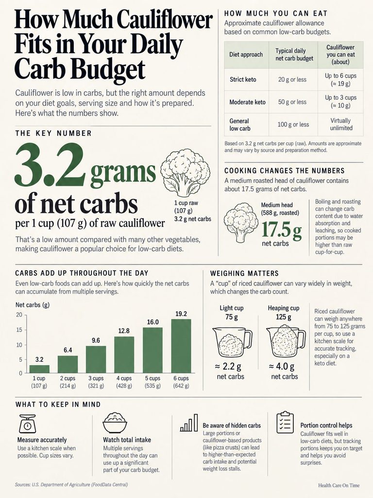 Infographic showing cauliflower's net carbs per serving, diet approaches, and cooking effects on carb count.