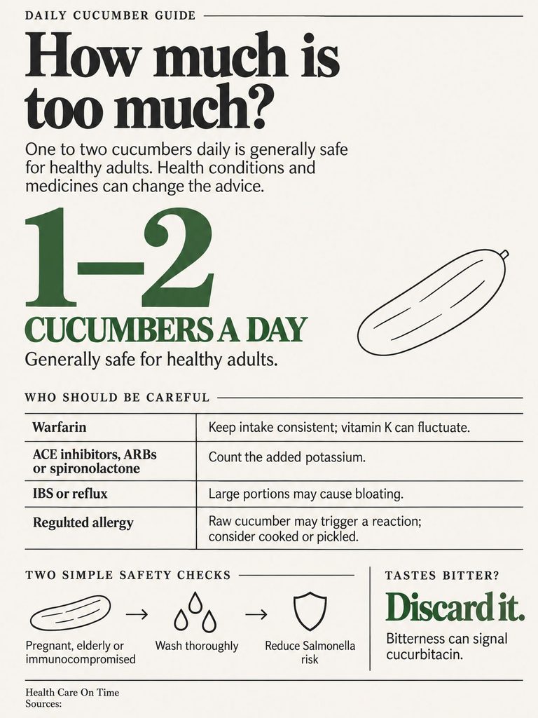 Infographic showing daily cucumber guide with safety tips, recommended intake, and precautions for health conditions.