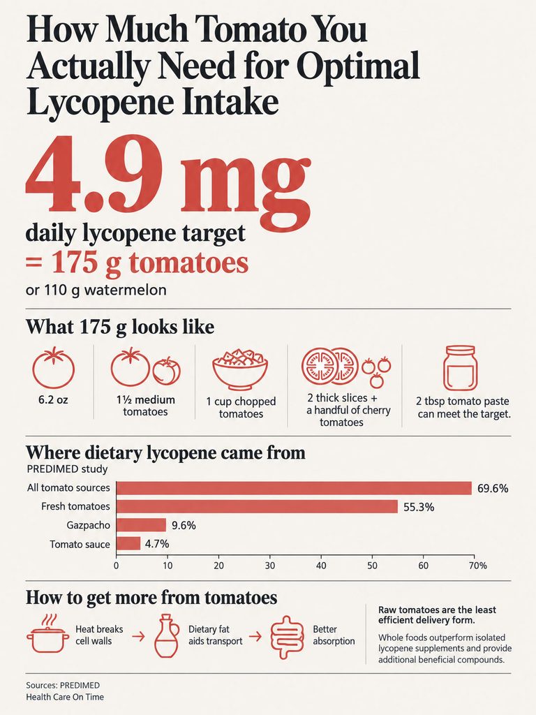 Infographic showing daily lycopene target of 4.9 mg, tomato servings, and sources of dietary lycopene.
