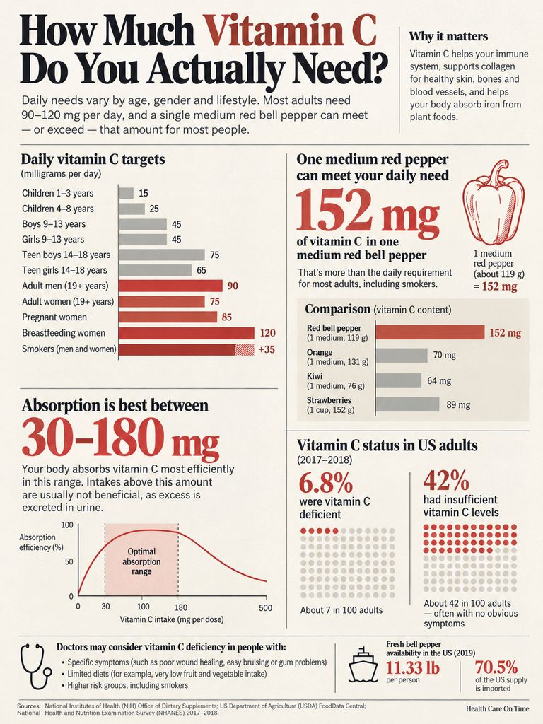 Infographic showing vitamin C needs, sources, and absorption efficiency with charts and data on bell peppers and deficiencies.