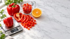 A red bell pepper on a scale, sliced peppers, an orange, and diced peppers in a measuring cup on a marble countertop.