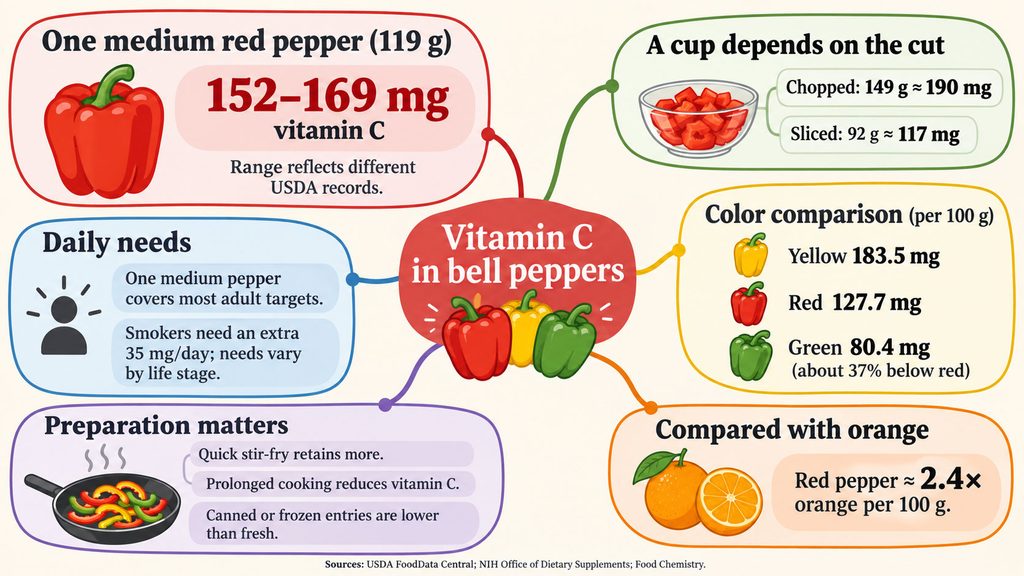 Infographic showing vitamin C content in bell peppers, including data on red, yellow, and green peppers.