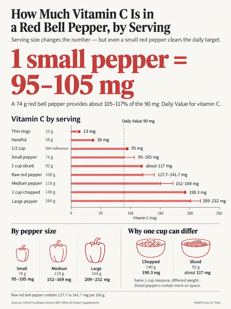 Infographic showing Vitamin C content in red bell peppers by serving size, including charts and data points.