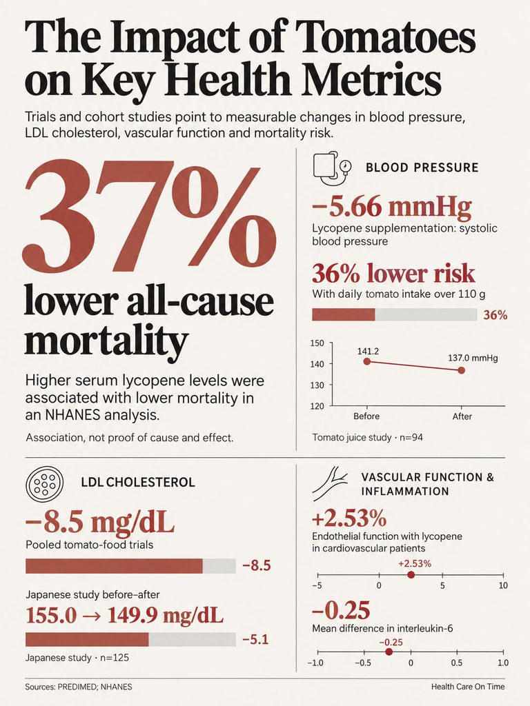 Infographic showing the impact of tomatoes on health metrics, including blood pressure and cholesterol levels.