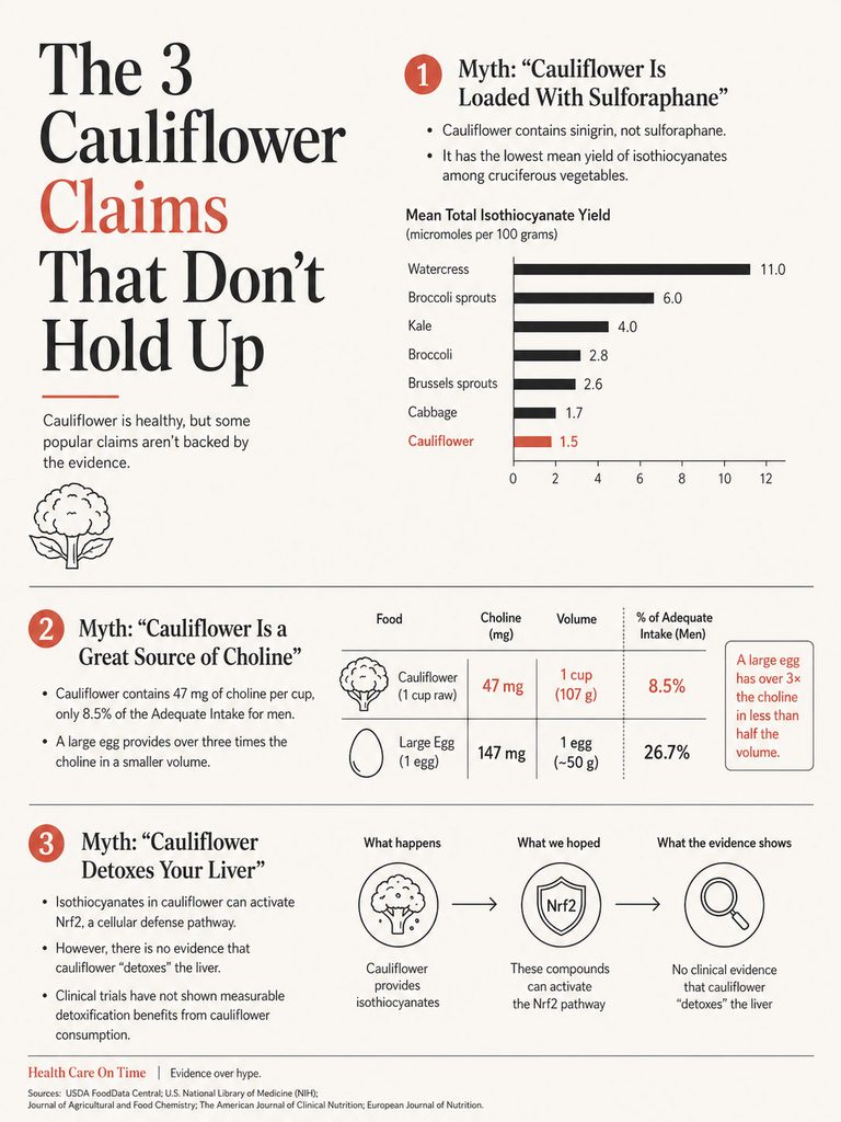Infographic debunking myths about cauliflower's health benefits, featuring charts and statistics on isothiocyanate yield.