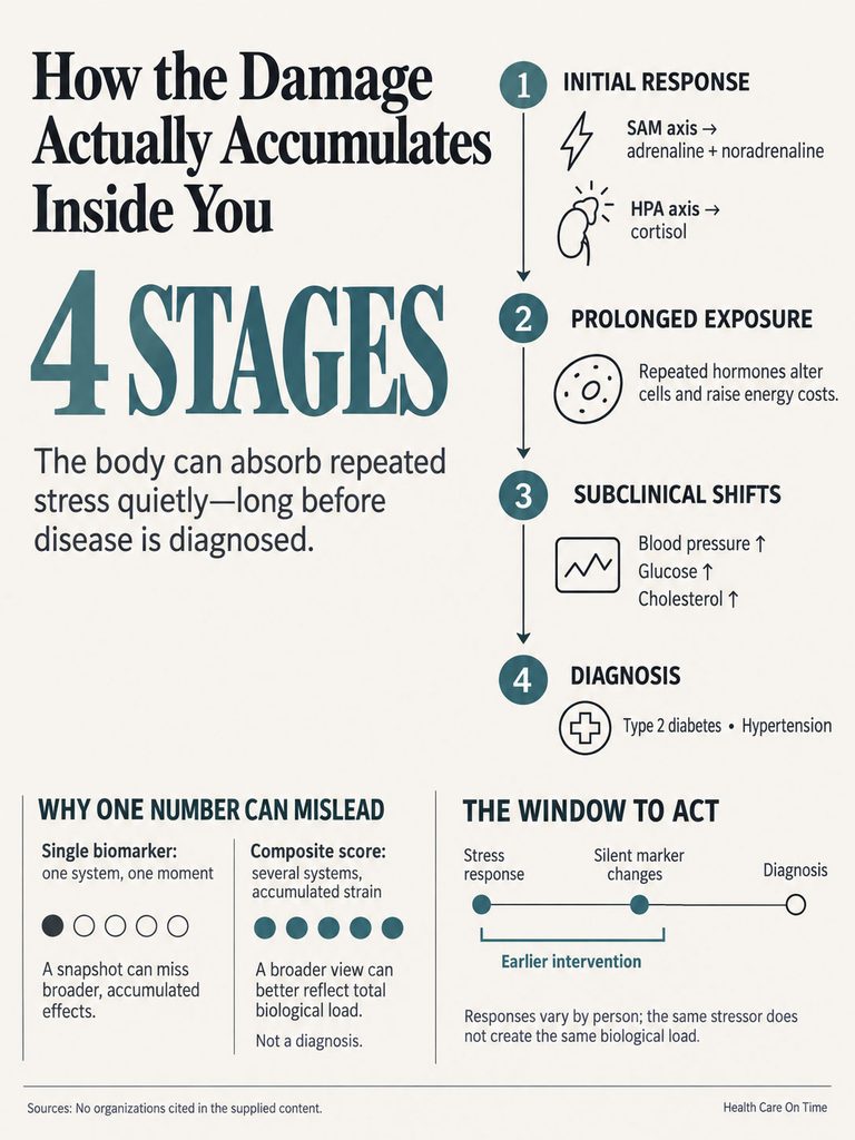 Infographic illustrating four stages of stress damage accumulation in the body with key data points and icons.