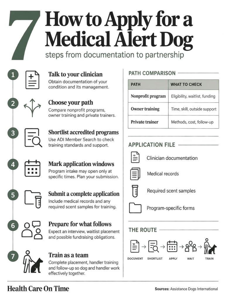 Steps to apply for a medical alert dog, including documentation and training details. Infographic.