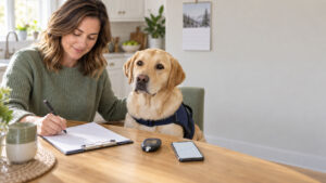 A woman writes on a clipboard while sitting with a Labrador dog at a wooden table.