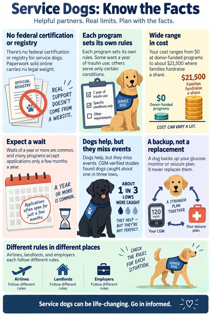 Infographic about service dogs, detailing costs, rules, and statistics with illustrations of dogs and icons.