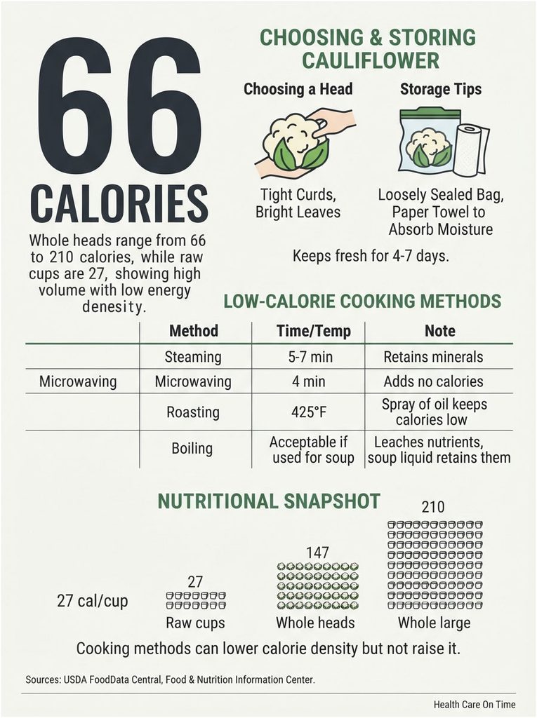 Infographic on cauliflower calories, cooking methods, and storage tips with charts and icons.