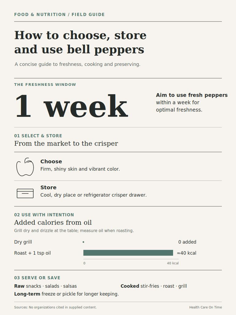 Infographic on how to choose, store, and use bell peppers with tips on freshness and cooking methods.
