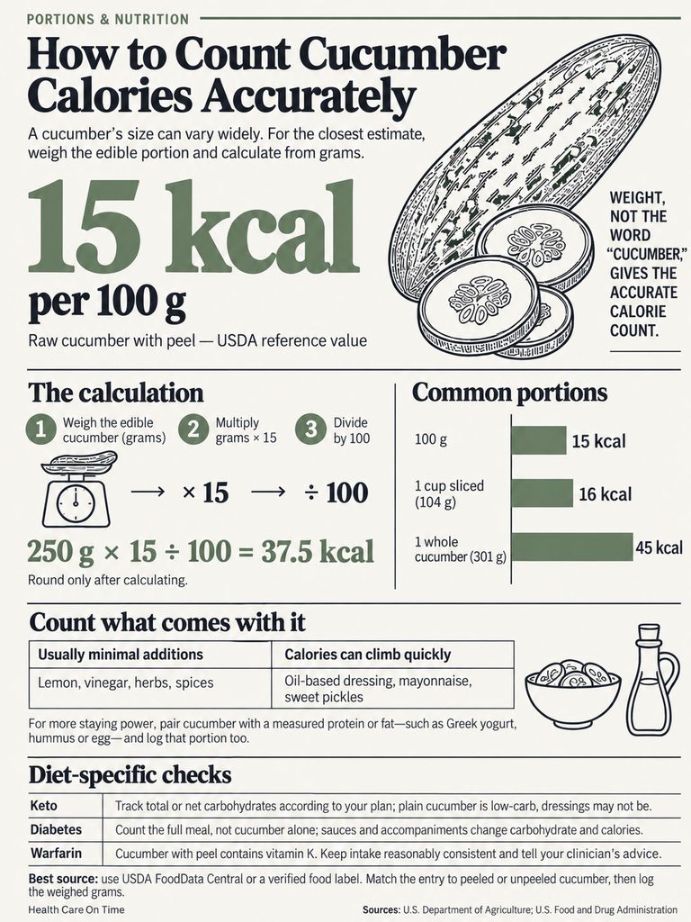 Infographic explaining cucumber calorie counting with charts, calculations, and common portions listed.