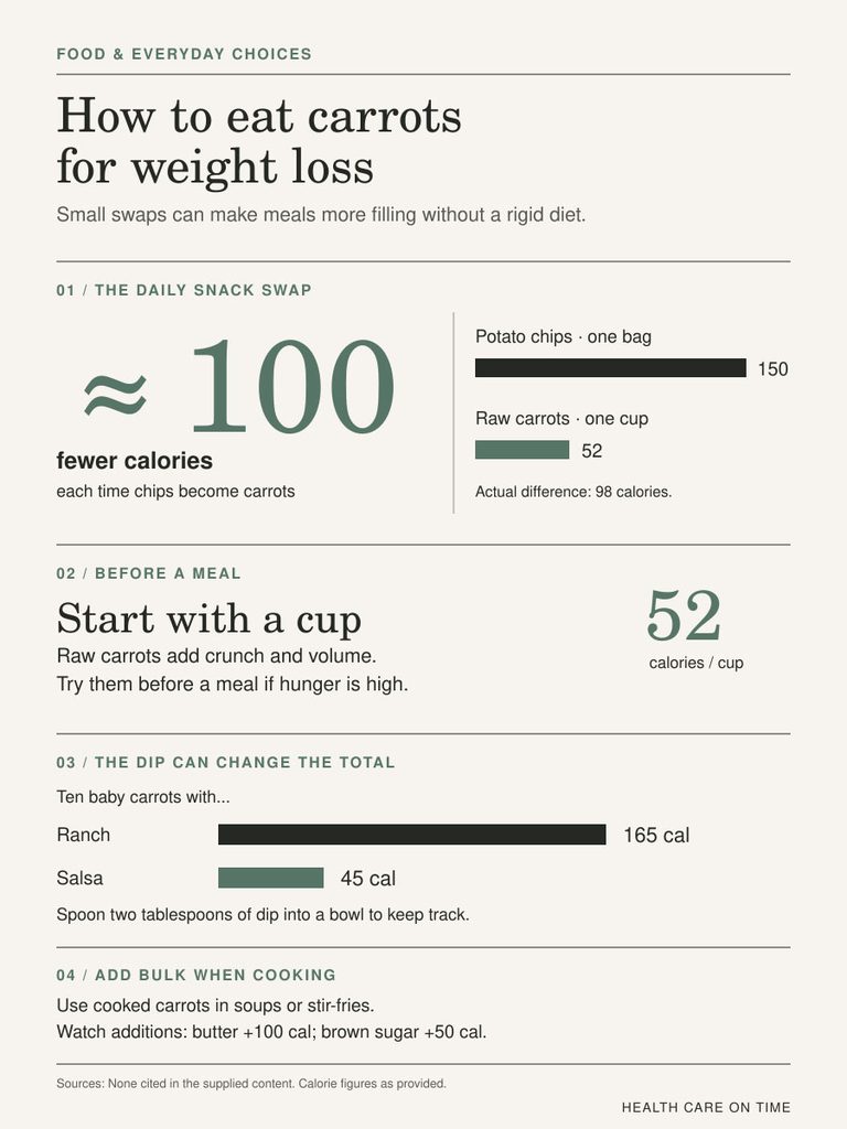 Infographic showing calorie comparisons between potato chips and raw carrots, with tips for weight loss through food swaps.