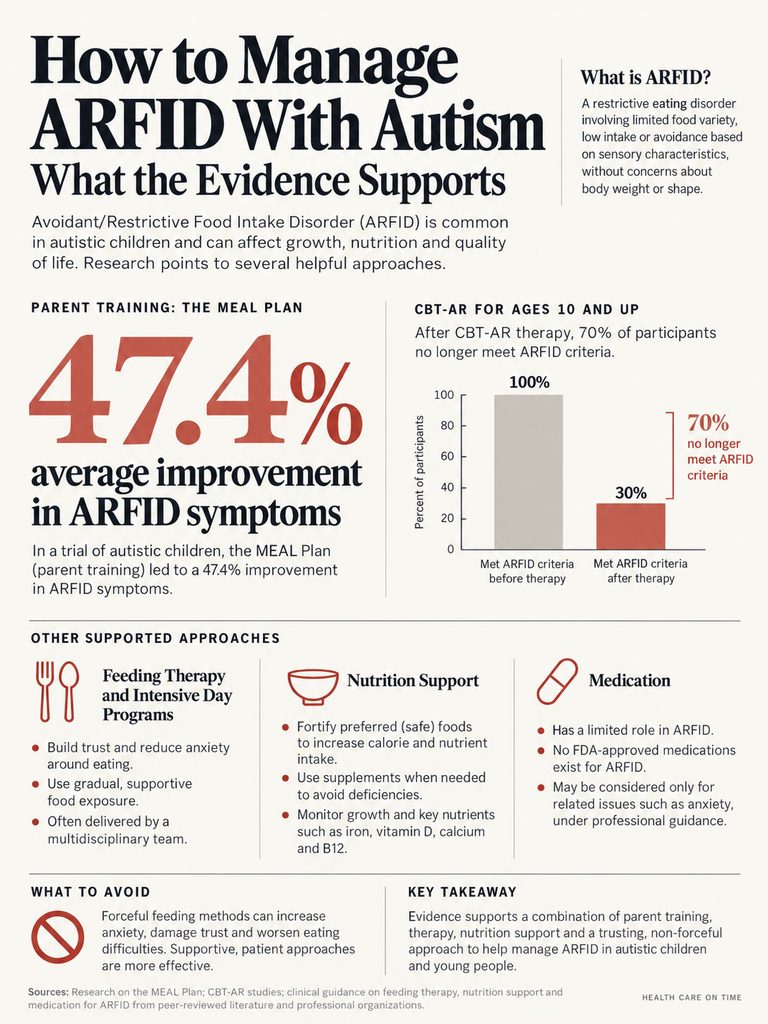 Infographic on managing ARFID with autism, showing statistics, treatment methods, and improvement data.