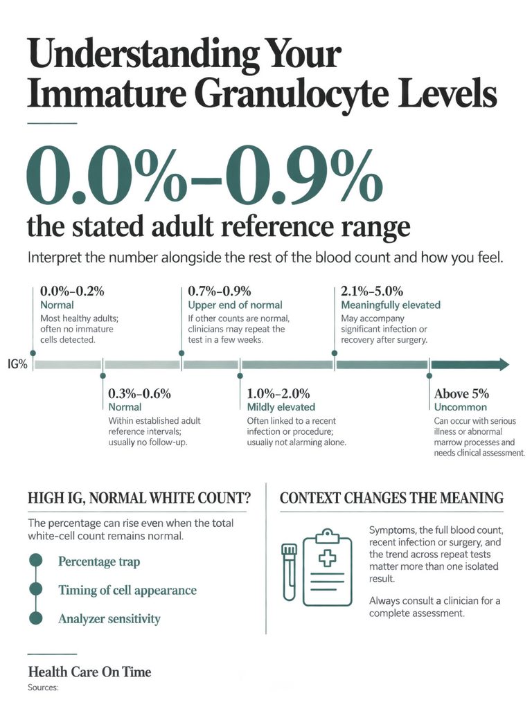 Infographic explaining immature granulocyte levels and their reference ranges with accompanying descriptions and icons.