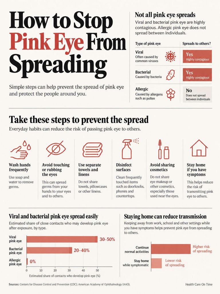 Infographic detailing steps to prevent the spread of pink eye, including charts and icons for hygiene practices.
