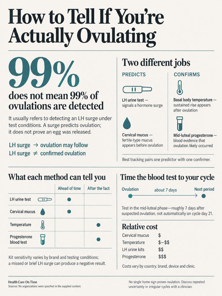 Infographic explaining ovulation detection methods, including LH surge, cervical mucus, and temperature tracking.