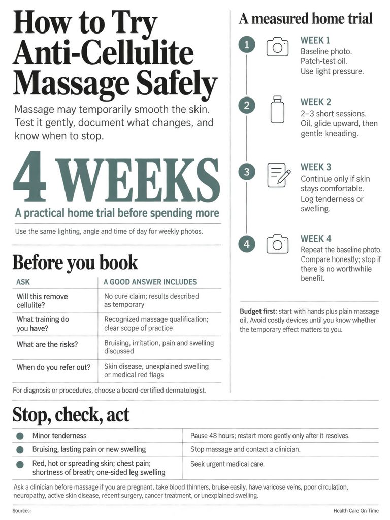 Infographic on safely trying anti-cellulite massage with a 4-week trial plan and precautions listed.