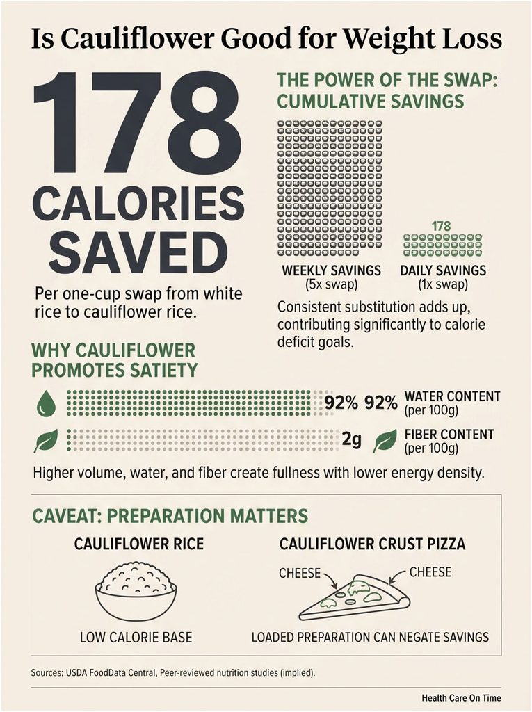 Infographic showing cauliflower's calorie savings, water and fiber content, and preparation tips for weight loss.