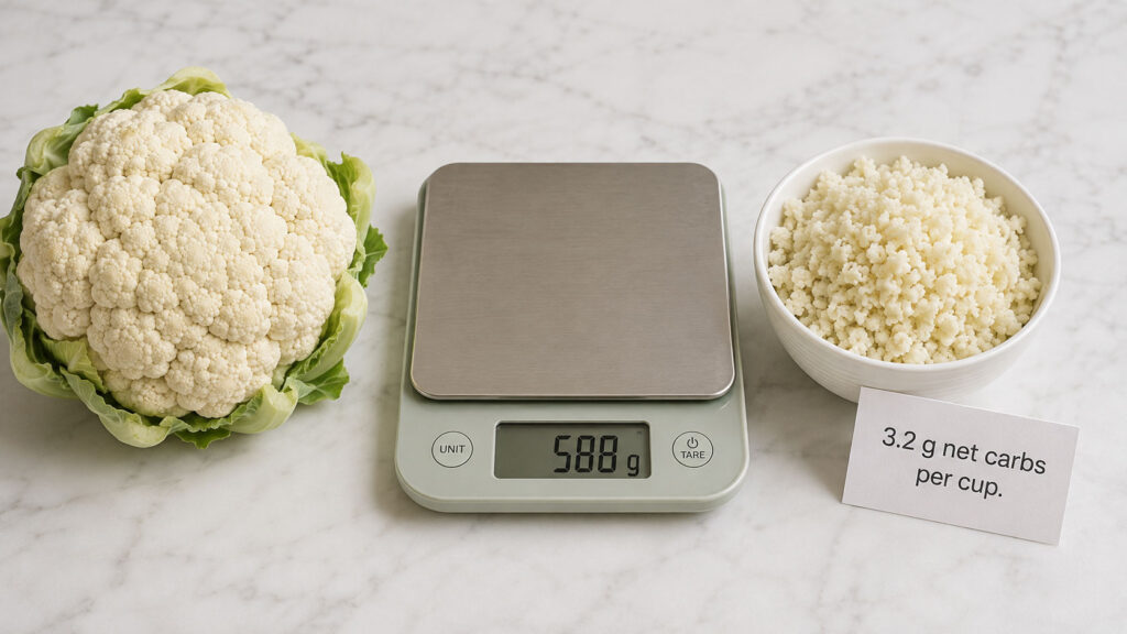 A whole cauliflower, a bowl of cauliflower rice, and a digital scale showing 588 g on a marble surface.