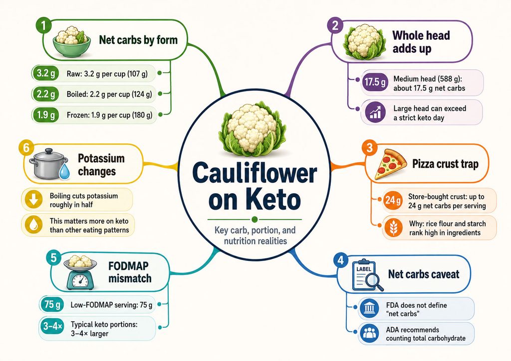 Infographic detailing net carbs in cauliflower, including statistics and tips for keto diet adherence.