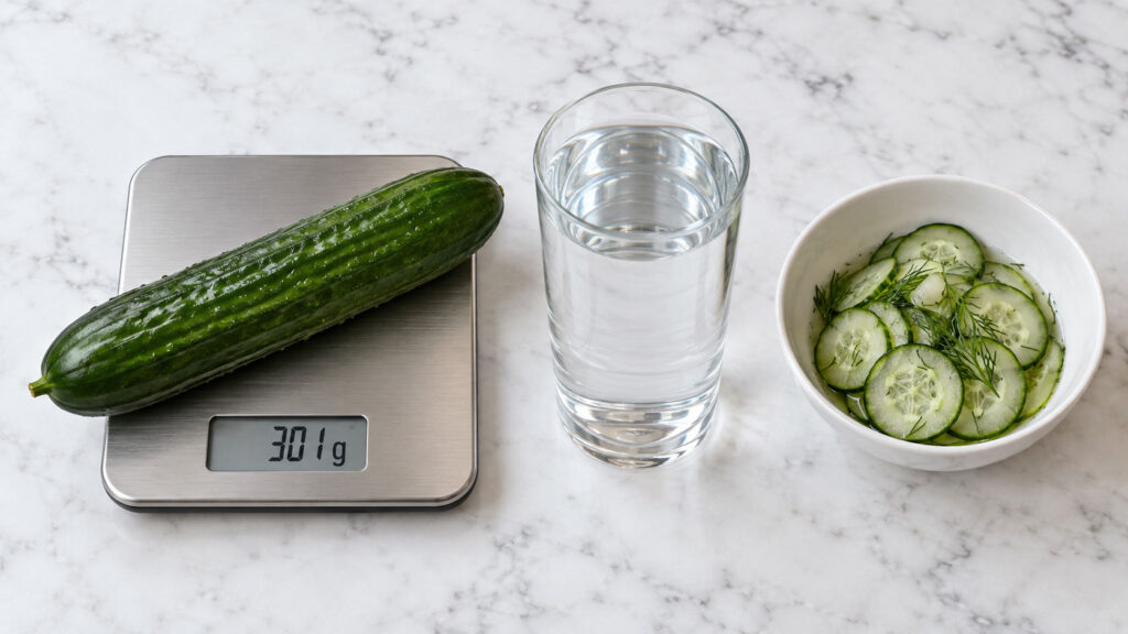 A cucumber weighs 301 grams on a scale next to a glass of water and a bowl of sliced cucumbers with dill.