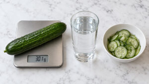 A cucumber weighs 301 grams on a scale next to a glass of water and a bowl of sliced cucumbers with dill.